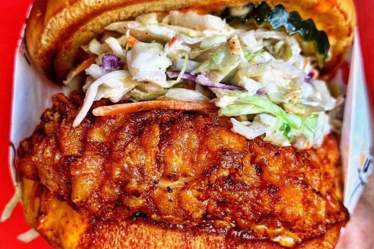 Nashville-style hot chicken sandwich with slaw and pickles from Monroe’s Hot Chicken in Phoenix
